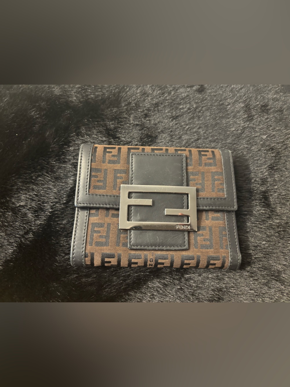 Fendi Brown and Black Zucca Logo Trifold Wallet with Metal F Buckle